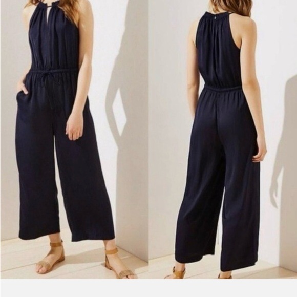 LOFT Pants - LOFT Midnight Blue Satin Sleeveless Jumpsuit
